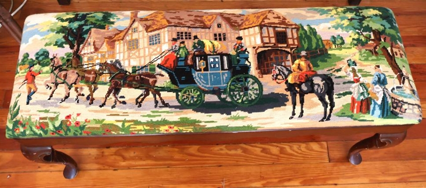 Bombay Mahogany Dressing Bench Covered with Royal Paris Needlepoint with Horse Drawn Carriage and Edwardian Village Scene - Incredibly Ornate Needlework - Bench is 18 Tall 42 By 14 