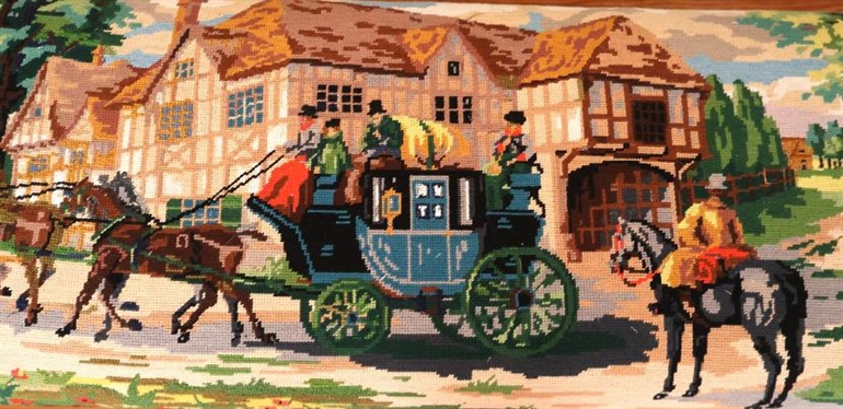 Bombay Mahogany Dressing Bench Covered with Royal Paris Needlepoint with Horse Drawn Carriage and Edwardian Village Scene - Incredibly Ornate Needlework - Bench is 18 Tall 42 By 14 