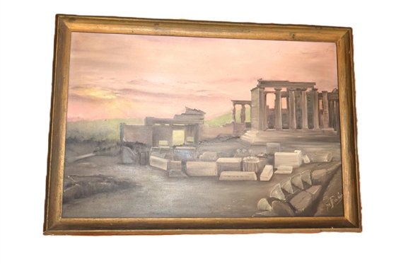 Artist Signed Oil on Canvas Painting of Ancient Roman Ruins - Signed in Lower Right Corner - Framed - Frame is 22 By 32 