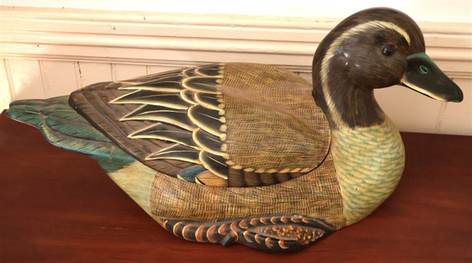 Incredible Hand Painted Large Wood Duck Box - Lacquer Painted with Red Interior - Back Lifts Off - Duck is 12 Tall 24 1/2 Beak to Tail 