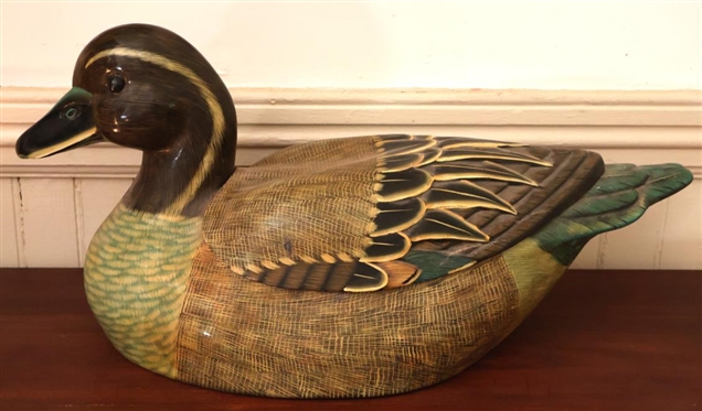 Incredible Hand Painted Large Wood Duck Box - Lacquer Painted with Red Interior - Back Lifts Off - Duck is 12 Tall 24 1/2 Beak to Tail 