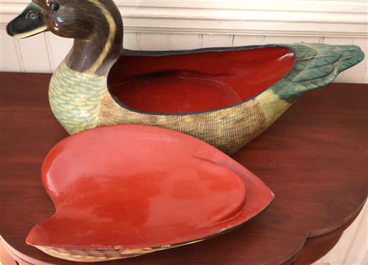 Incredible Hand Painted Large Wood Duck Box - Lacquer Painted with Red Interior - Back Lifts Off - Duck is 12 Tall 24 1/2 Beak to Tail 