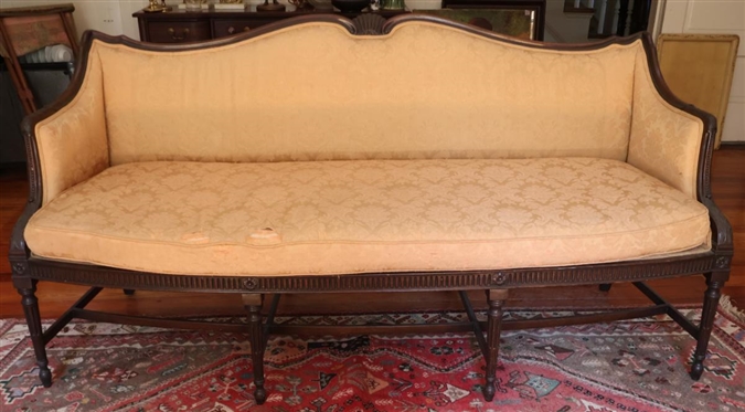 Sheraton Federal Style Wood Framed Sofa - Mahogany Finish with Reeded Legs and Apron - Flower and Folate Accents - Highly Detailed Wood Frame with Shell Crest - Down Filled Seat Cushion - Settee is...