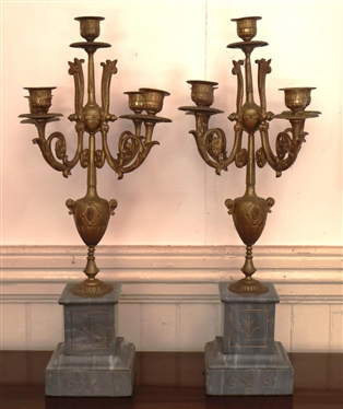 Pair of Beautiful French Brass Candelabras with Stone Bases -5 Lights - Bases Have Flat Backs - 21 Tall 