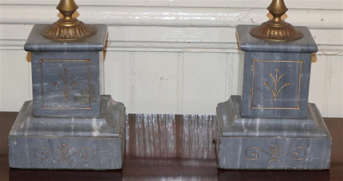 Pair of Beautiful French Brass Candelabras with Stone Bases -5 Lights - Bases Have Flat Backs - 21 Tall 