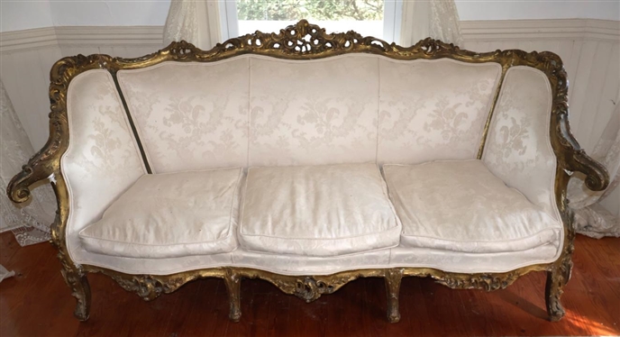 Elaborate Rococo Gold Gilt Sofa with Ornate Gold Gilded Scrolled Frame Off White Brocade Upholstery - Broken Area on Right Front Apron - Sofa is 79 Long 40 Tall