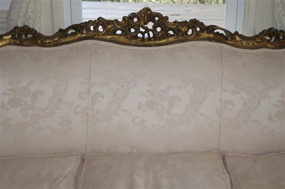 Elaborate Rococo Gold Gilt Sofa with Ornate Gold Gilded Scrolled Frame Off White Brocade Upholstery - Broken Area on Right Front Apron - Sofa is 79 Long 40 Tall