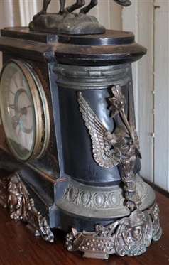 Beautiful Ansonia Iron Mantle Clock Fancy Gold Gilded Brass Mounts with Phoenix Birds and Faces - Top is Adorned with Rearing  Horse Statue - Key Wind Movement with Pendulum - Ansonia Movement...