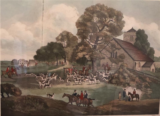 The Surrey Foxhounds 1824 Colonel Jollyffe's Hounds Meeting at Chipstead Church - Hand Colored Engraving Attractively Framed and Matted - Frame is 25 By 29 