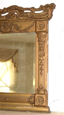 Beautiful 19th Century Baroque Style Gold Gilt Over Mantle Mirror - Cherub Crest - Mirror Frame is 32 By 47 