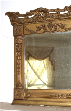 Beautiful 19th Century Baroque Style Gold Gilt Over Mantle Mirror - Cherub Crest - Mirror Frame is 32 By 47 