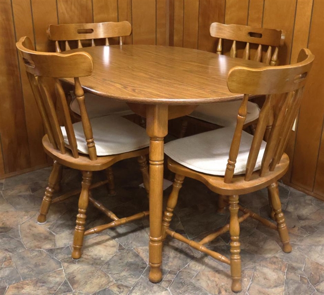 1980s Vintage Liberty Furniture Kitchen Table and Chairs Set - Oval Table with Wood Grain Formica Top - 4 Sturdy Solid Wood Chairs - Table is 29 1/2" Tall 48" By 36" 