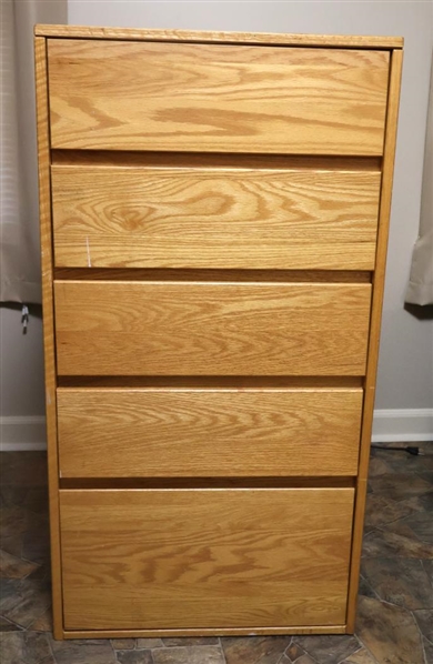 Solid Oak 5 Drawer Chest of Drawers - Graduating Dovetailed Drawers - Chest is 45 1/2" Tall 24" By 24" - Some Burn Marks on Top 