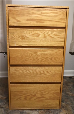 Solid Oak 5 Drawer Chest of Drawers - Graduating Dovetailed Drawers - Chest is 45 1/2" Tall 24" By 24" - Some Burn Marks on Top 