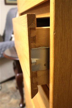 Solid Oak 5 Drawer Chest of Drawers - Graduating Dovetailed Drawers - Chest is 45 1/2 Tall 24 By 24 - Some Burn Marks on Top 