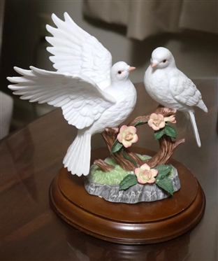 Lenox "Peaceful Devotion Doves and Roses" Fine Porcelain Figure with Wood Base - Statue is 8 1/2" Tall to Top of Wing
