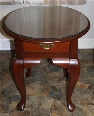 Null Furniture Solid Cherry Wood End Table - Queen Anne Style Legs with Dovetailed Drawer - Oval Glass Top - Table is 24" Tall 26" By 22"