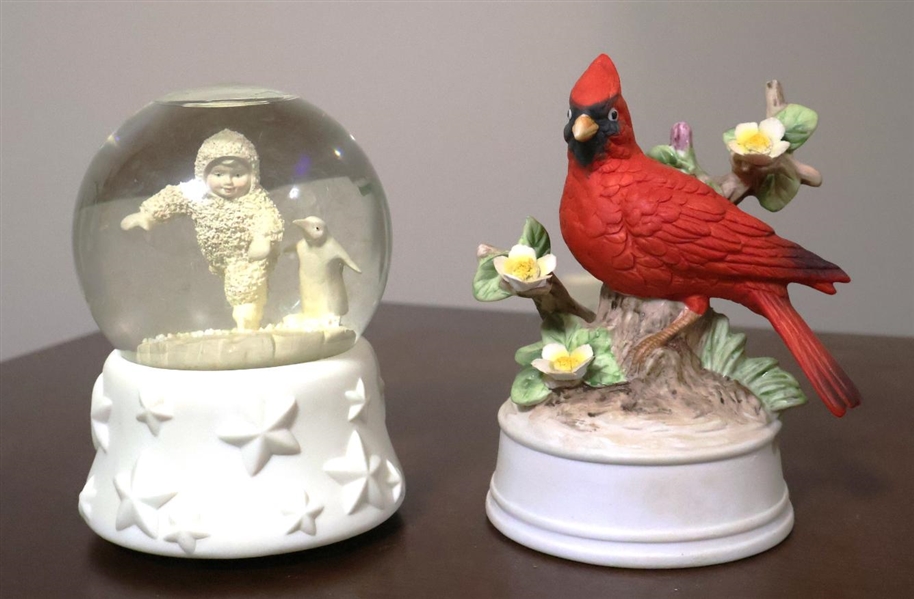 2 Music Boxes - Department 56 Snowbabies with Penguin and Ceramic Cardinal - One Broken Flower Petal - Department 56 Globe is 6" Tall 