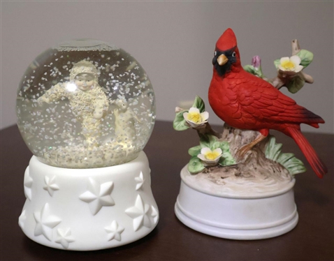 2 Music Boxes - Department 56 Snowbabies with Penguin and Ceramic Cardinal - One Broken Flower Petal - Department 56 Globe is 6 Tall 