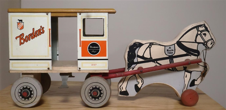 A Rich Toy - Borden's Milk & Cream Horse Drawn Wagon - Rich Toys, Clinton Iowa - Number 257 - Horse is Wood and Wagon is Wood and Tin Litho 