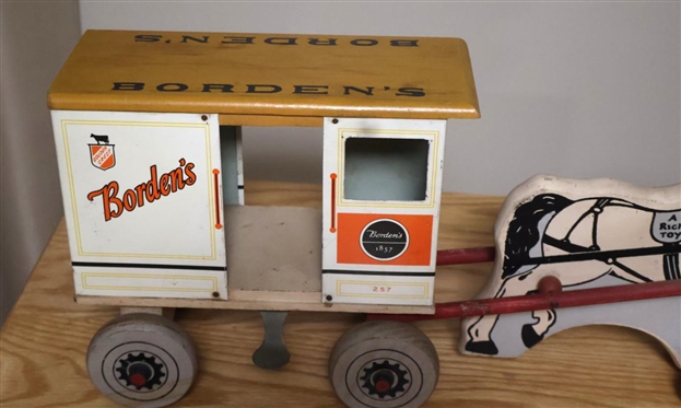 A Rich Toy - Borden's Milk & Cream Horse Drawn Wagon - Rich Toys, Clinton Iowa - Number 257 - Horse is Wood and Wagon is Wood and Tin Litho 