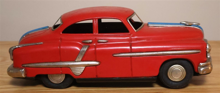 Red 1940's Tin Litho Friction 4 Door Sedan Car - Made in Japan - 10 1/2 Long 