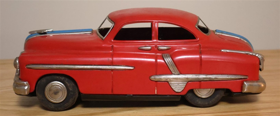 Red 1940's Tin Litho Friction 4 Door Sedan Car - Made in Japan - 10 1/2 Long 