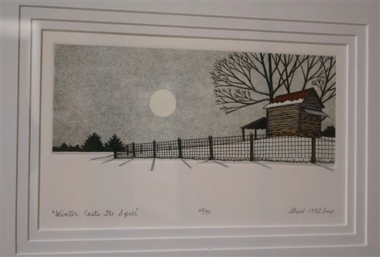 Winter Casts It's Spell by NC Artist James Shell Artist Signed and Numbered Print 43/75 - Dated 1992 - Framed and Double Matted - Frame is 11 1/2 By 14 1/2 