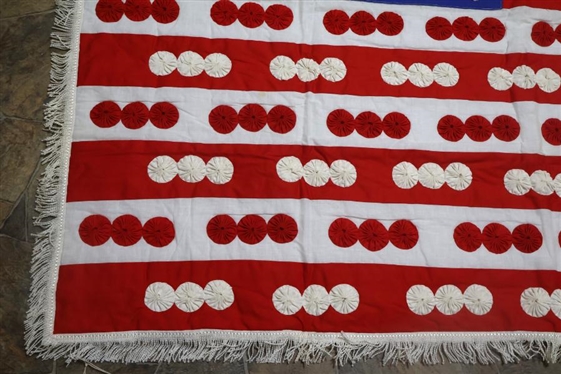 Fantastic Handmade Patriotic American Flag  Quilt with Appliqued YOYOs - Entry Tag Attached to Tassel Trim - 63 By 50 